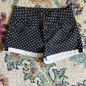 High-Rise Denim Shorts - Blue w/ White Polka Dots
